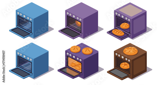 Isometric kitchen ovens with freshly baked bread in various colors