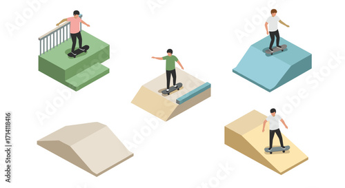 Isometric skateboarders in action on various ramps and platforms for urban sports