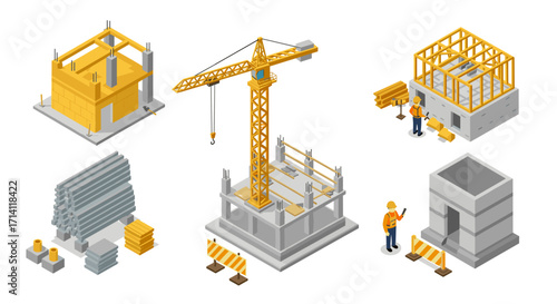 Isometric construction icons set featuring crane, building, and worker elements