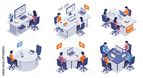 Isometric office collaboration scenes with modern workstations and teamwork