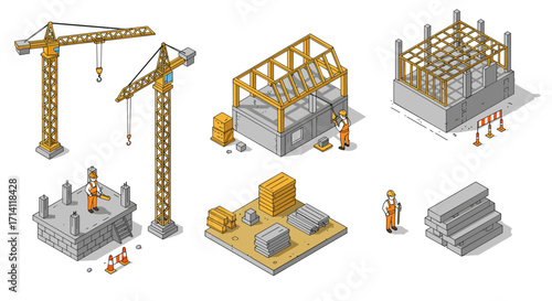 Isometric construction site elements with workers and cranes