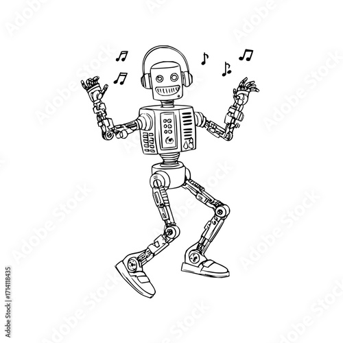 Dancing robot with headphones music notes futuristic android technology automation ai illustration sketch drawing