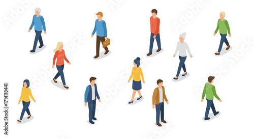 Diverse isometric people walking on white background in casual clothing