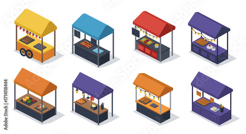 Colorful isometric food stalls set with different roof designs