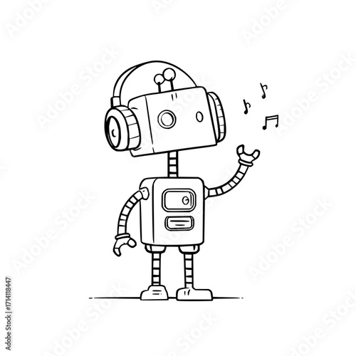 Robot cartoon music headphones technology automation ai android futuristic machine drawing line art illustration