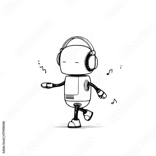 Dancing robot music headphones dj ai technology automation futuristic android illustration vector design