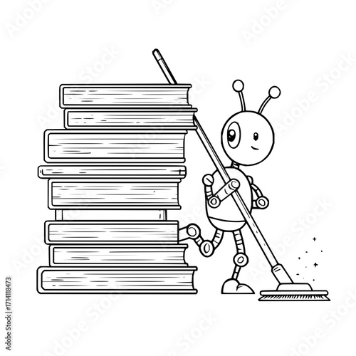 Robot cleaning books education learning knowledge study school library reading literature cartoon illustration art