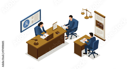 Isometric office meeting with lawyers and clients in legal consultation setting