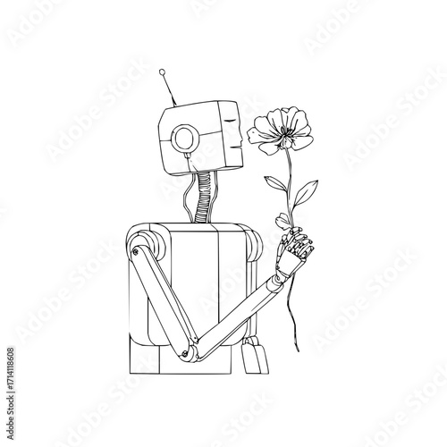 Robot flower line art drawing vintage illustration mechanical design ai technology future automation sketch 100