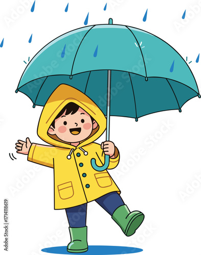 Cartoon child in raincoat with umbrella, playful rainy day pose, cheerful weather illustration, green boots character, outdoor splash scene