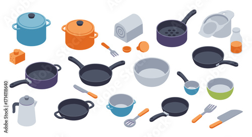 Isometric kitchen utensils collection with colorful cookware and kitchenware