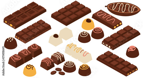 Assorted isometric chocolate bars and truffles in varied designs and flavors