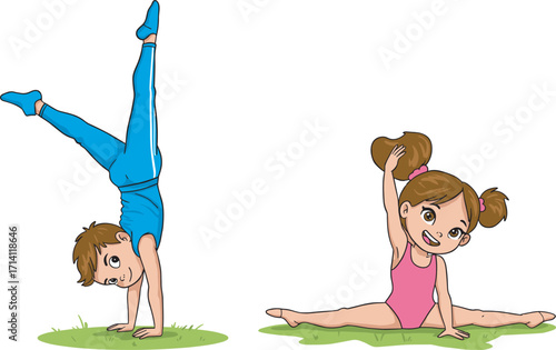 Happy kids practicing gymnastics, boy doing handstand, girl stretching split, outdoor exercise, flexibility training, healthy lifestyle, childhood fitness, fun physical activity