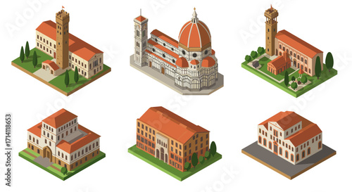 Isometric architectural landmarks with red roofs on white background