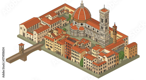 Isometric historic cityscape with iconic cathedral and medieval architecture