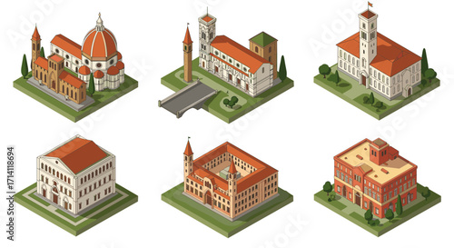 Isometric historical italian architecture collection with red roofs