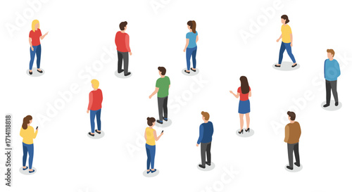 Isometric illustration of diverse people standing and engaging in conversation