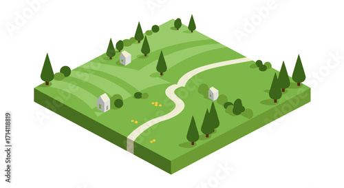 Isometric green landscape with trees and houses on a sunny day
