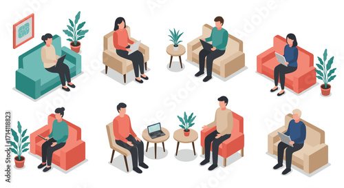 Modern isometric office lounge with people engaged in reading and working