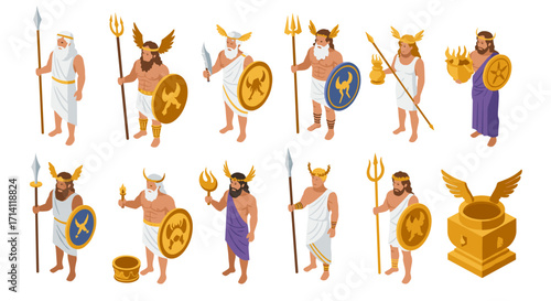 Ancient greek deities in isometric style with golden shields and crowns