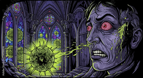 Horror vector illustration of man with glowing virus orb in gothic cathedral, fear and contagion concept.