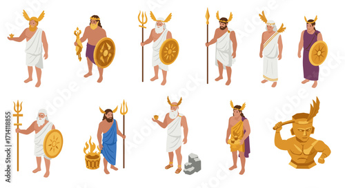Ancient greek mythology deities in isometric style with golden attributes