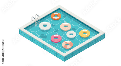 Isometric swimming pool with colorful inflatable rings in a fun summer scene