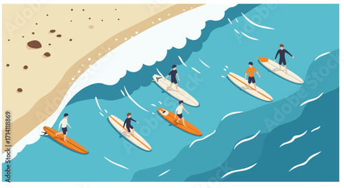 Isometric beach scene with surfers on paddleboards in ocean waves