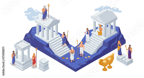 Isometric ancient greek mythology scene with temples and gods