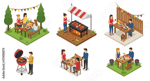 Isometric outdoor barbecue gatherings: friends enjoying grilled meals and socializing