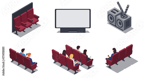 Isometric movie theater elements with audience, screen, speakers, and chairs