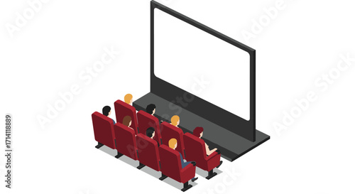 Isometric cinema audience watching movie in theater