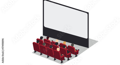 Isometric cinema scene with audience watching movie on big screen