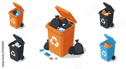 Colorful recycling bins with trash bags and waste items in isometric style