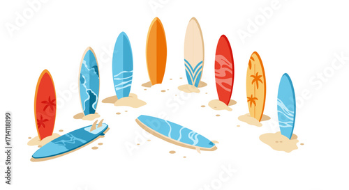 Colorful surfboards arranged in a semicircle on sandy beach