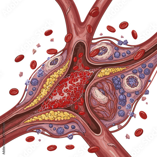 Visualize blood clot formation in artery with cholesterol, cells, and platelets for medical education