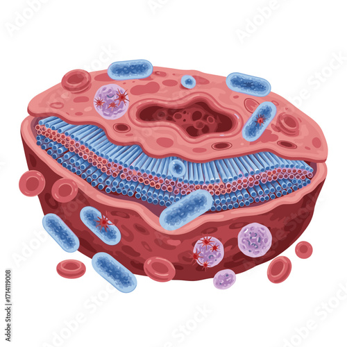 Detailed depiction of a virus attacking cells for educational or scientific purposes, vibrant and informative