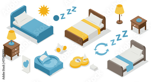Isometric bedroom set in blue and yellow tones with furniture and sleep elements