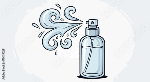 Spray bottle dispensing fine mist, illustrating concepts of freshness, cleanliness, and hygiene. Useful for personal care products or household cleaning topics.