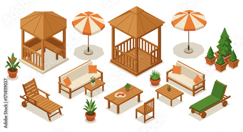 Isometric garden furniture set with gazebo loungers and umbrellas for outdoor spaces