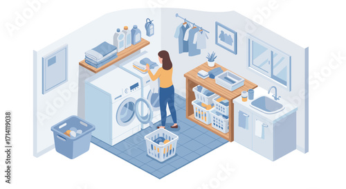 Modern laundry room scene with isometric design and organized shelves