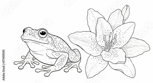 A frog and a lily flower are depicted in a detailed black and white line art illustration. This drawing highlights natural elements and wildlife, suitable for educational or design projects.