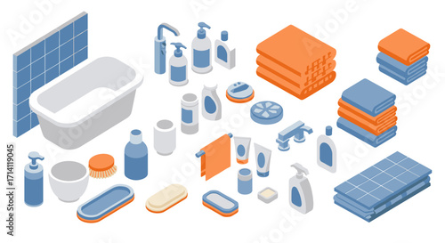 Modern isometric bathroom accessories collection with towels and tiles