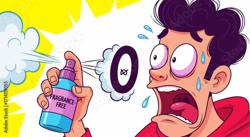 Man reacts with fear and sweat to fragrance-free spray bottle emitting zero, symbolizing lack of scent or unexpected outcome. This illustrates concepts of allergy, sensitive skin products,