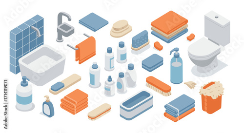 Isometric bathroom essentials with toiletries, towels, and cleaning accessories