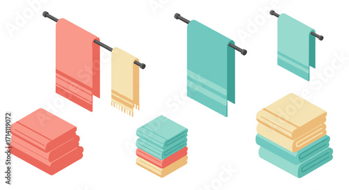 Colorful isometric towels arrangement on racks and folded stacks