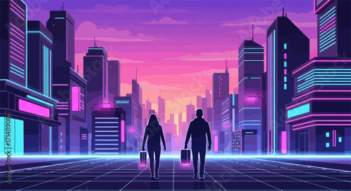 Two people walk away into a vibrant, neon lit futuristic city at sunset, representing a vision of modern technology, urban lifestyle, and future possibilities.