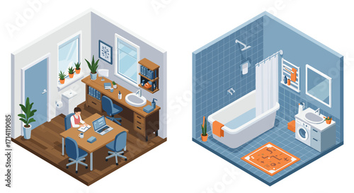 Modern home office and bathroom in isometric design with furniture and decor