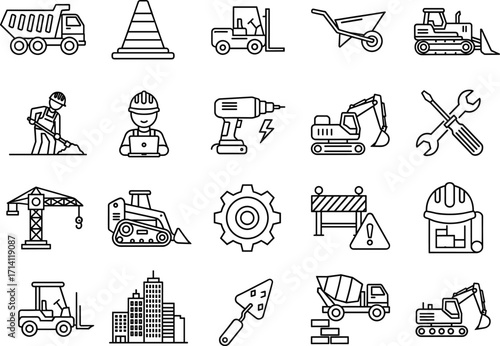 Construction and engineering thin line icon set with equipment, workers, and tools, representing building, industry, and urban development on white background.