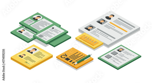 Isometric resume templates with geometric elements for professional design concepts